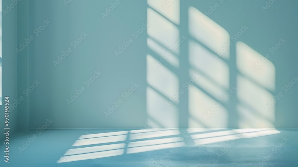 Poster Minimalistic simple abstract light blue background for product presentation Shadow and light from windows on wall : Generative AI