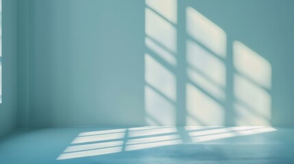 Fototapeta premium Minimalistic simple abstract light blue background for product presentation Shadow and light from windows on wall : Generative AI