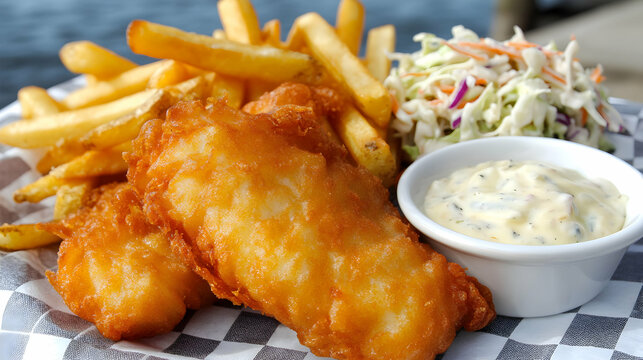 A close-up shot of crispy battered fish and chips served with a side of tartar sauce and coleslaw, on a checkered tablecloth by a fishing dock