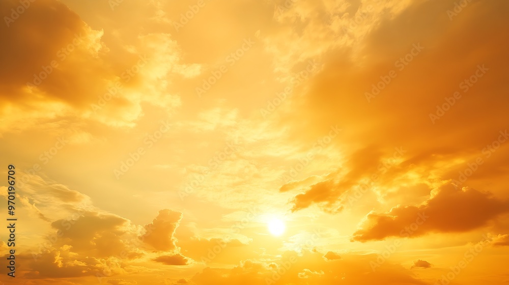 Wall mural golden sky sunset cloud sky background in evening gold sky hour with romantic orange yellow warm sun