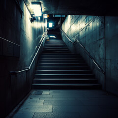 Urban Depths: Walking Down the Concrete Stairs in a Busy Subway