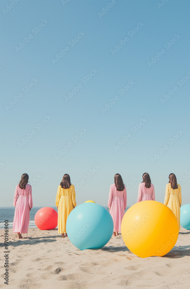 Wall mural 
A group of women in pastel colors stands on the beach amidst large spheres in shades of pink and mint green, captured with an ultra-wide lens for fashion and editorial photography.



