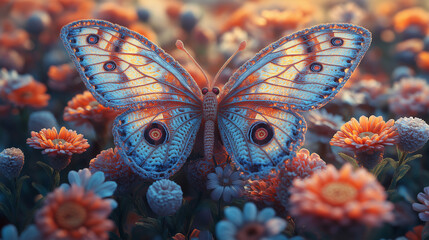 A 3D render of a large and graceful crochet butterfly with intricate patterns and a variety of colors. The butterfly is perched on a crochet flower