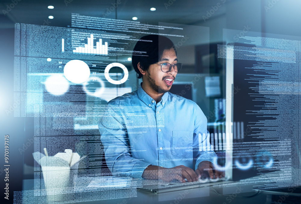 Poster Man, computer engineering and programming code in typing for innovation or web research. Data scientist, technology and cybersecurity for blockchain, overlay or futuristic with digital transformation