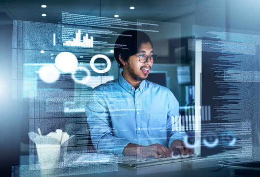 Man, computer engineering and programming code in typing for innovation or web research. Data scientist, technology and cybersecurity for blockchain, overlay or futuristic with digital transformation