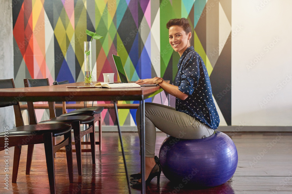 Aufkleber creative, laptop and smile with woman on ball in modern office for design or web development. busine