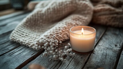 Cozy candle on wooden table with knitted
