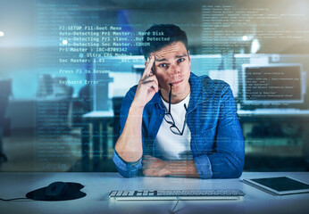 Portrait, programmer and man in office, night and overlay of interface, keyboard and software. Dark, dashboard and coder for agency, information technology and ideas for programming of data in web