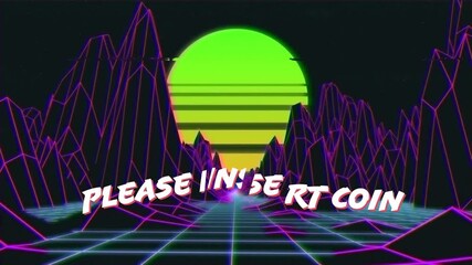 Animation of please insert coin text over digital mountains and sun