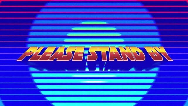 Animation of please stand by text over colourful shapes moving