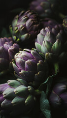 Obraz premium close-up of A pile of purple and green artichokes against dark background.Minimal creative food concept.