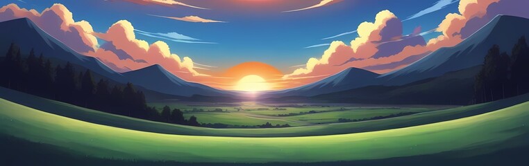 Fantasy Anime Sky with Sunset Eclipse Vibrant Landscape