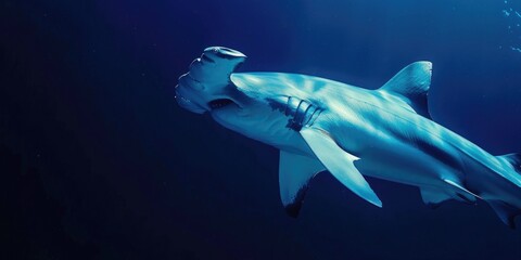 Naklejka premium Close up of a scalloped hammerhead shark Sphyrna lewini gliding through the blue waters
