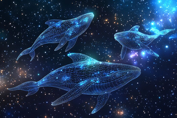 Fototapeta premium Magical space whales depicted in wireframe style, swimming through space among stars, blending fantasy and sci-fi with a surreal, celestial aesthetic. 