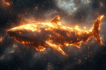 Fototapeta premium Magical space whales depicted in wireframe style, swimming through space among stars, blending fantasy and sci-fi with a surreal, celestial aesthetic. 