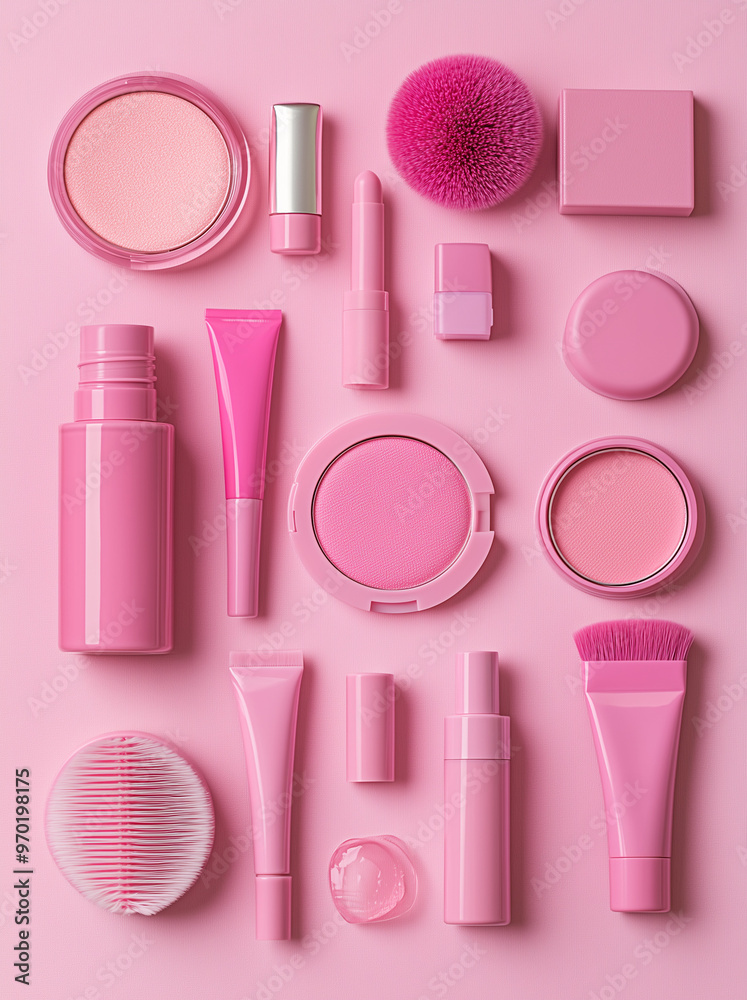 Wall mural A flat lay photograph featuring knolled pink makeup and accessories.Minimal creative make up concept.Copy space.Trendy social mockup or wallpaper