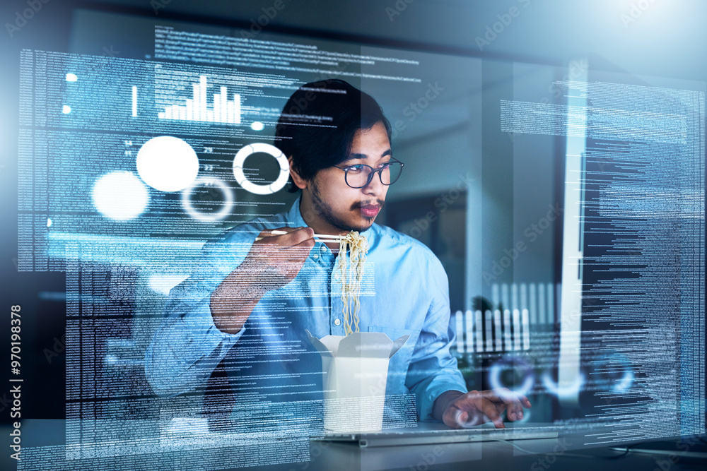Poster Asian man, computer engineering and programming code in typing for innovation or web research. Data scientist, tech and cybersecurity for blockchain, overlay or futuristic with working late or eating