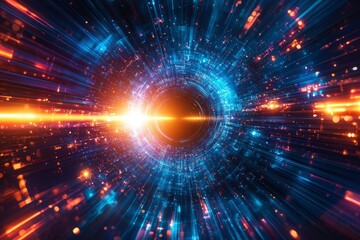 Fototapeta premium Abstract digital tunnel with glowing lines and particles