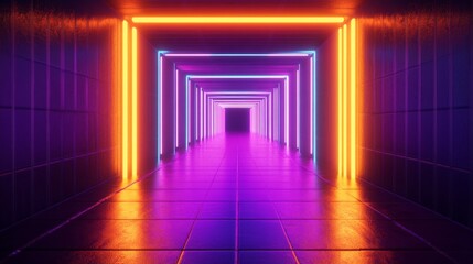 Neon-lit corridor with glowing geometric patterns, futuristic interior design