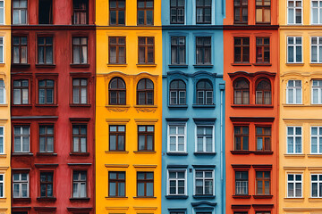 Naklejka premium Flat art illustration of multi-colored house facades, showcasing simple geometric shapes and vibrant colors, creating a playful and modern urban aesthetic. 