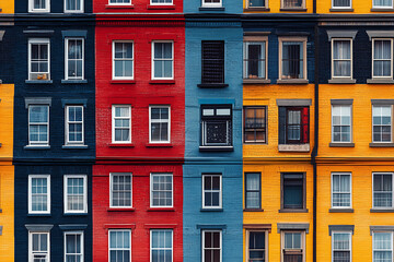 Obraz premium Flat art illustration of multi-colored house facades, showcasing simple geometric shapes and vibrant colors, creating a playful and modern urban aesthetic. 