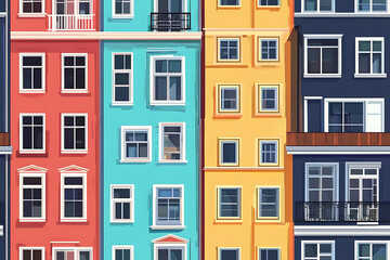 Obraz premium Flat art illustration of multi-colored house facades, showcasing simple geometric shapes and vibrant colors, creating a playful and modern urban aesthetic. 