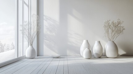 Minimalist interior design featuring a white room with vases on a wooden floor decorative elements...