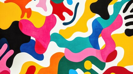Colorful abstract design featuring bold outlines and flat colors on a white background incorporating flowing forms and modular patterns with vibrant primary hues