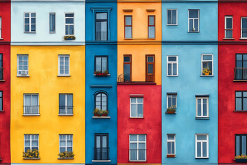 Flat art illustration of multi-colored house facades, showcasing simple geometric shapes and vibrant colors, creating a playful and modern urban aesthetic.
