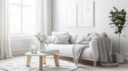 Fototapeta premium Scandinavian style interior design in a white room 3D rendering