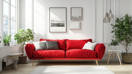 Fototapeta premium Minimalist living room design featuring a flame scarlet sofa wooden floor decorative elements on a large wall and white scenery visible through the window Nordic home style 3D rendering