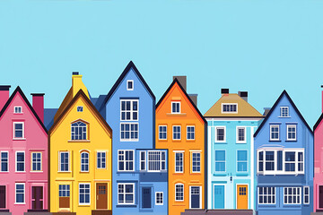 Fototapeta premium Flat art illustration of multi-colored house facades, showcasing simple geometric shapes and vibrant colors, creating a playful and modern urban aesthetic. 