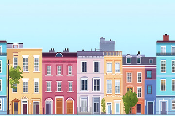 Fototapeta premium Flat art illustration of multi-colored house facades, showcasing simple geometric shapes and vibrant colors, creating a playful and modern urban aesthetic. 