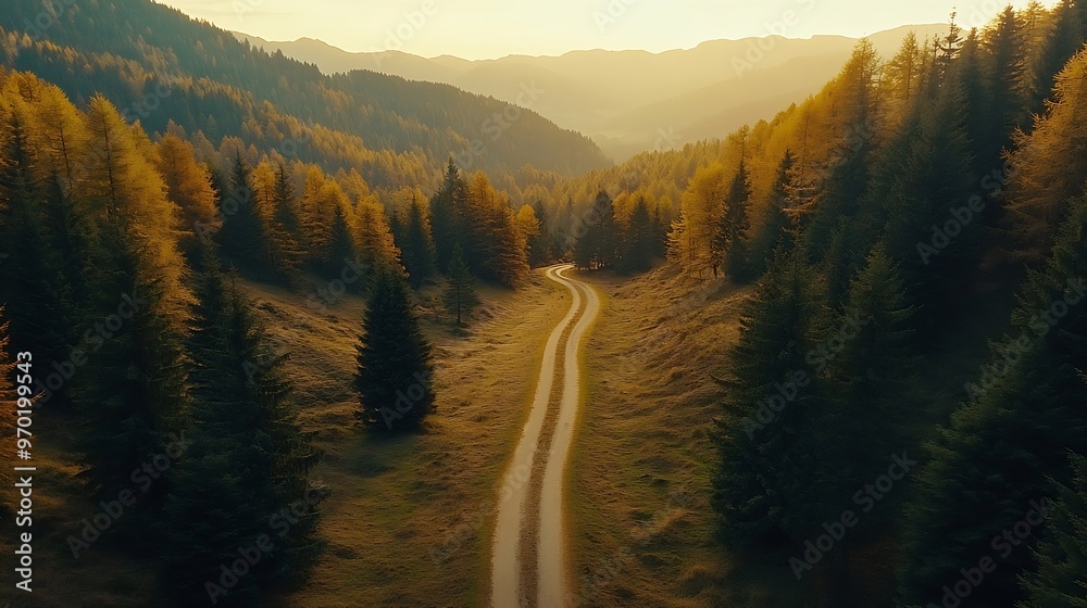 Poster aerial view of mountain road in forest at sunset in autumn top view from drone of road in woods beau