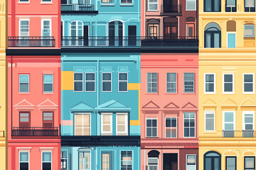 Obraz premium Flat art illustration of multi-colored house facades, showcasing simple geometric shapes and vibrant colors, creating a playful and modern urban aesthetic. 