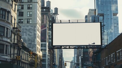 Obraz premium Blank white horizontal billboard on city buildings background at daytime front view Mockup advertising concept : Generative AI