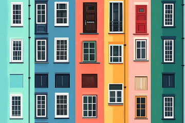 Flat art illustration of multi-colored house facades, showcasing simple geometric shapes and vibrant colors, creating a playful and modern urban aesthetic.
