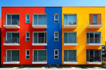 Obraz premium Flat art illustration of multi-colored house facades, showcasing simple geometric shapes and vibrant colors, creating a playful and modern urban aesthetic. 