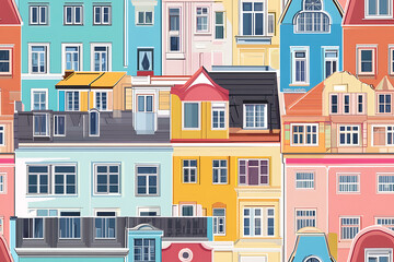 Flat art illustration of multi-colored house facades, showcasing simple geometric shapes and vibrant colors, creating a playful and modern urban aesthetic.
