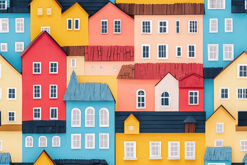 Naklejka premium Flat art illustration of multi-colored house facades, showcasing simple geometric shapes and vibrant colors, creating a playful and modern urban aesthetic. 
