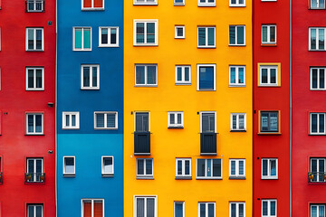 Naklejka premium Flat art illustration of multi-colored house facades, showcasing simple geometric shapes and vibrant colors, creating a playful and modern urban aesthetic. 