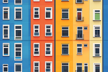 Flat art illustration of multi-colored house facades, showcasing simple geometric shapes and vibrant colors, creating a playful and modern urban aesthetic.
