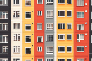 Flat art illustration of multi-colored house facades, showcasing simple geometric shapes and vibrant colors, creating a playful and modern urban aesthetic.
