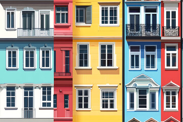 Obraz premium Flat art illustration of multi-colored house facades, showcasing simple geometric shapes and vibrant colors, creating a playful and modern urban aesthetic. 