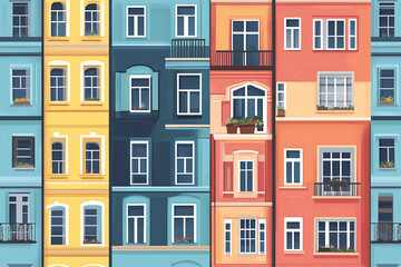 Flat art illustration of multi-colored house facades, showcasing simple geometric shapes and vibrant colors, creating a playful and modern urban aesthetic.
