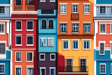 Flat art illustration of multi-colored house facades, showcasing simple geometric shapes and vibrant colors, creating a playful and modern urban aesthetic.
