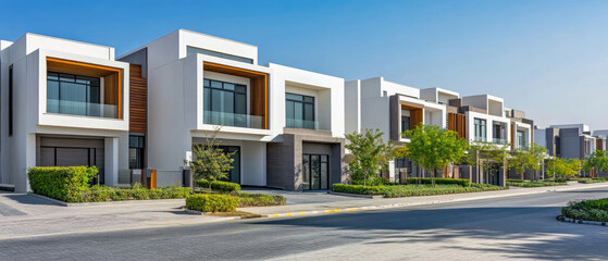 A row of white houses with a green lawn in front of them. The houses are tall and have a modern design