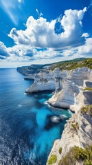 Scenic coastal cliffs with turquoise waters under a bright sky, nature beauty concept