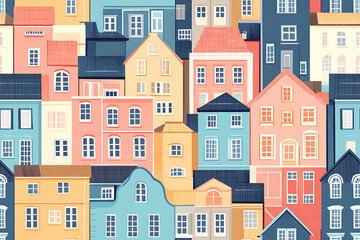 Naklejka premium Flat art illustration of multi-colored house facades, showcasing simple geometric shapes and vibrant colors, creating a playful and modern urban aesthetic. 