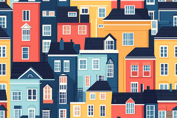 Naklejka premium Flat art illustration of multi-colored house facades, showcasing simple geometric shapes and vibrant colors, creating a playful and modern urban aesthetic. 